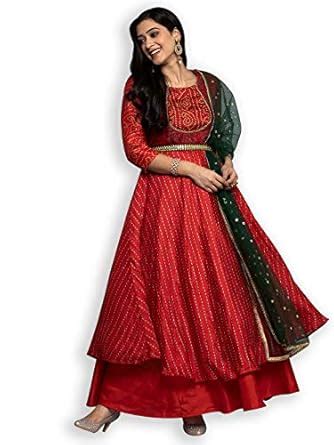 Buy Get Glamr Women Red Bandhani Print Kurta with Green Net Sequined ...