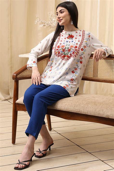 Buy White Floral Printed Straight Short Kurta Online at Biba India