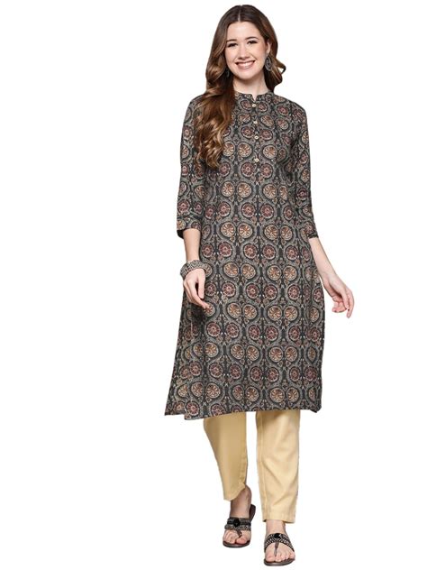 Buy anubhutee Women's Cotton Black Ethnic Motifs Printed Straight Kurta ...