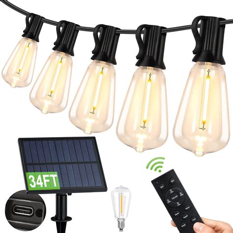 Solar Outdoor String Lights with Remote, Waterproof Solar Patio Lights ...