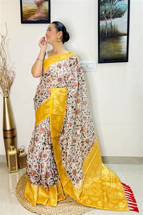 Mustard Yellow Saree in Banarasi Silk Floral Print - Clothsv