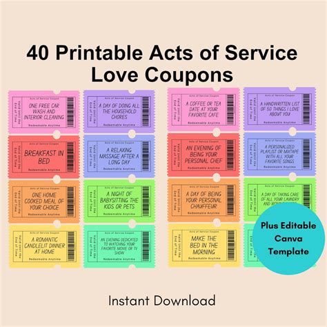 40 Printable Acts of Service Love Coupons, Couple Coupons, Valentines ...