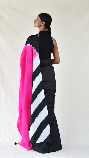 Fuchsia-Black Colour-blocked Shibori Saree – Studio Medium