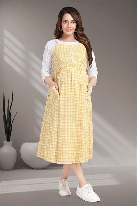 Golden Corn Chequered Maternity Dress | Flattering Fit – MomsBae