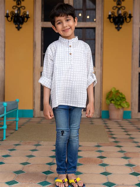 Checkmate Organic Cotton Shirt Kurta with Roll Up Sleeves | Pinklay