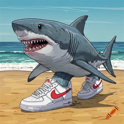 Cartoon shark wearing blue Nike sneakers running on a beach near the ...