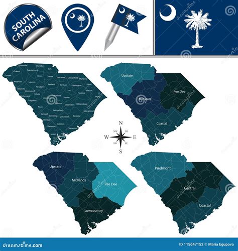 Map of South Carolina with Regions Stock Vector - Illustration of flag ...