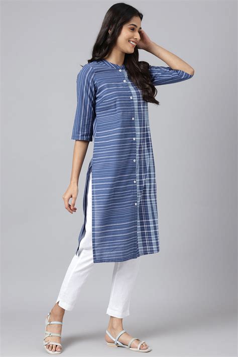 Buy Blue Striped Straight Cotton Kurta Online for Woman | Shop for Aurelia