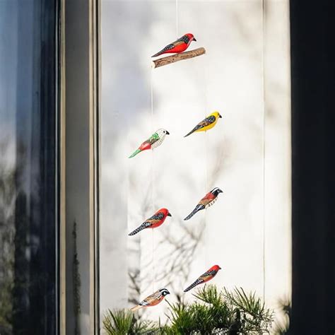 Set of 7 Hanging Birds Carved in Wood for Living Room Bedroom Home ...