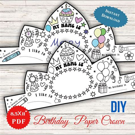 Birthday Paper Crown, Coloring Craft Printable Crown,Princess Preschool ...