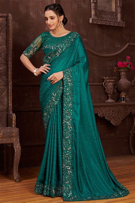 Buy Teal Blue Satin Silk Saree online-Karagiri