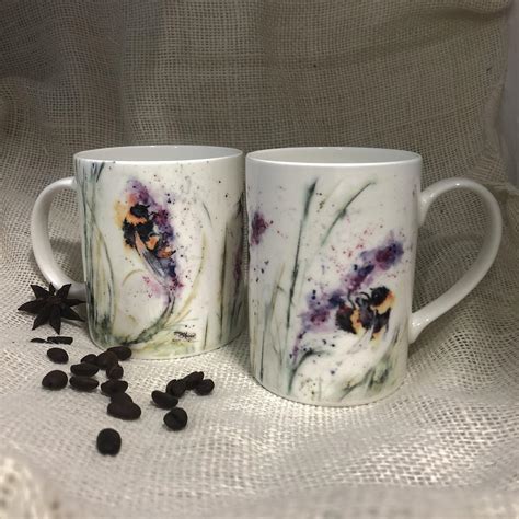Bees and Hyssop Flowers | Bone China Mug | Gekko Art Watercolours