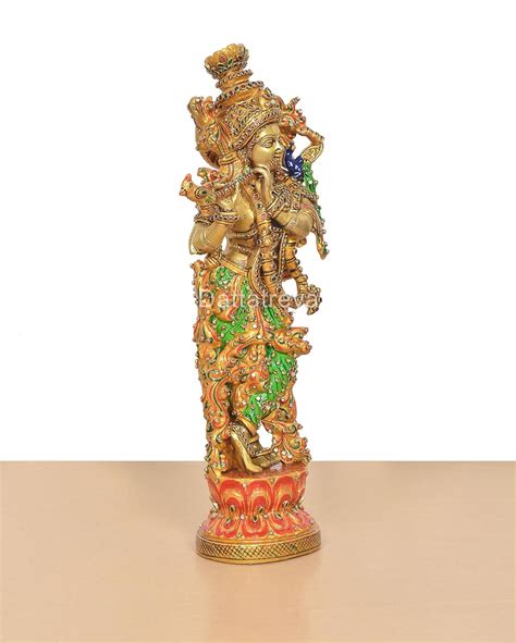 Brass Lord Krishna Idol Playing Flute with Meenakari Work(Height 14 In ...