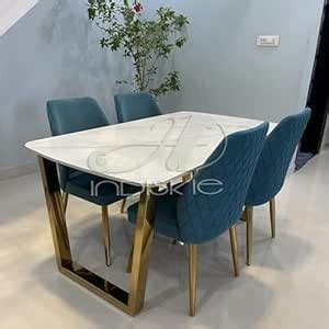 Indiskie Four Seater Dining Table Velvet Upholstery Gold Finish Faux ...