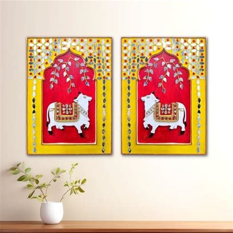 Noblenest Handmade Pichwai Cow Wall Hanging Set of 2, 11 x 8 Inch, Wall ...
