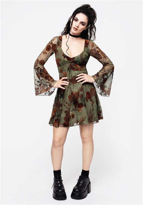 Disturbia | Rosaleigh Flock Velour Mesh Flare Sleeve Mini Dress | Dresses