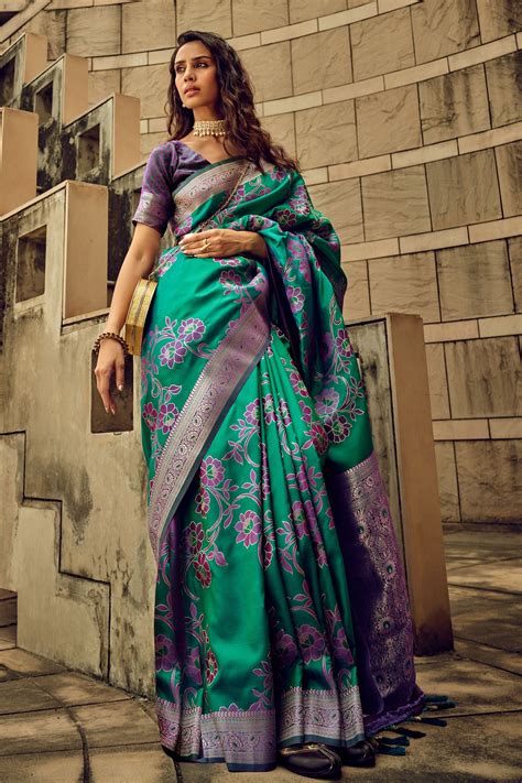 Buy Green Printed Satin Brasso Saree zb130604 | Saree Buta