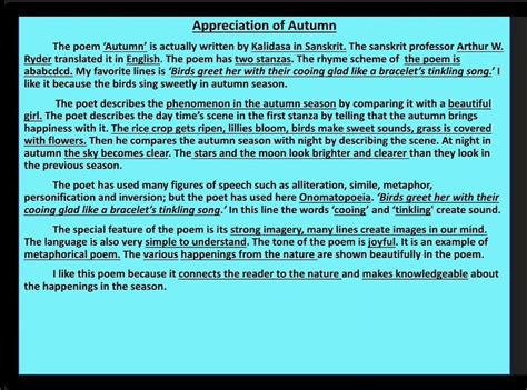 Can you please give me the appreciation of the poem Autumn by Kalidas ...