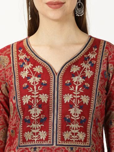 Maroon Ethnic Motifs Printed Cotton Kurta with Neck Embroidery ...
