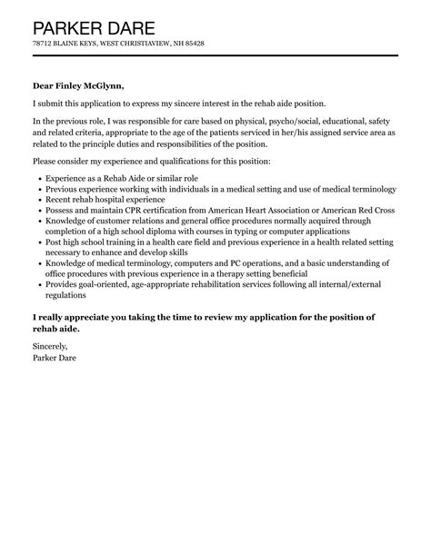 Rehab Aide Cover Letter | Velvet Jobs