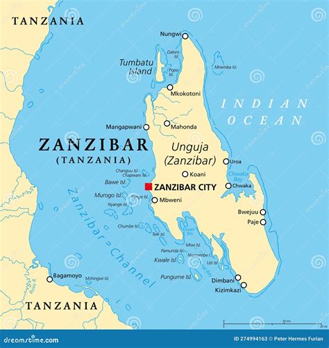 Zanzibar Island, Unguja, Tanzania, in the Indian Ocean, Political Map ...