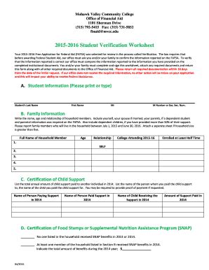Fillable Online 2015-2016 Student Verification Worksheet - MVCC Fax ...