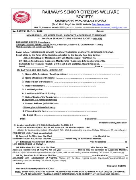 railway senior citizen welfare society Doc Template | pdfFiller