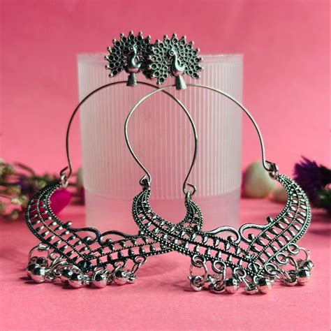Oxidized Silver Peacock Hoop Earrings – Oxycraft.in