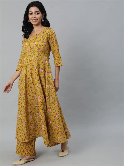 Women Mustard Printed Flared Kurta With Trouser & Dupatta – Trendphoria