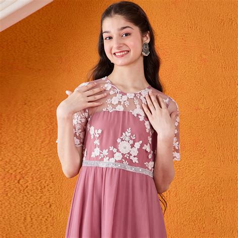 Girls Peach Floral Embroidered Cold-Shoulder Georgette Fit & Flare Max ...