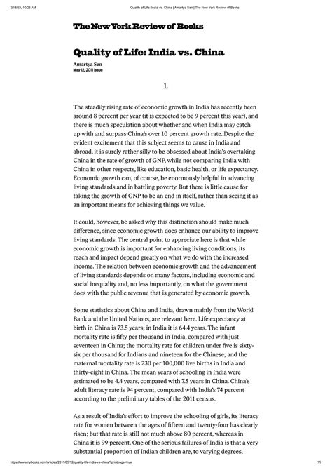Quality of Life India vs. China Amartya Sen The New York Review of ...