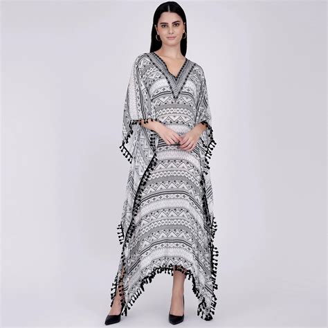 White and Grey Aztec Mid Length Kaftan – First Resort by Ramola Bachchan