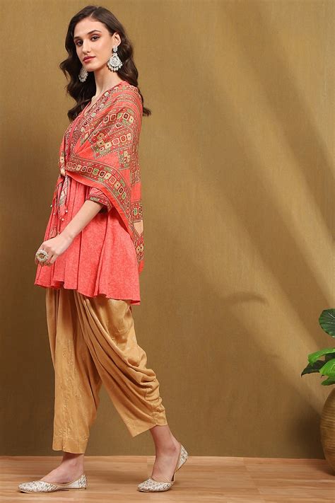 Peach-Toned and Beige Embroidered Peplum Kurta Set at Biba India