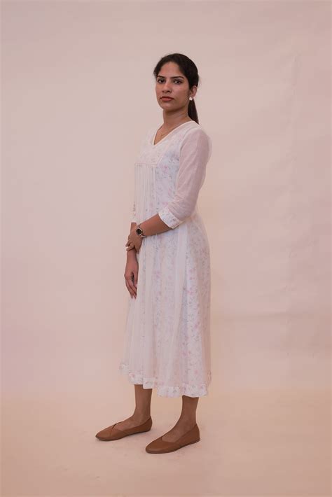 White Chanderi dress with floral inner – Belair