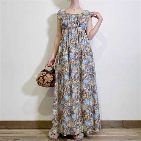 70s brown and sax blue flower printed long dress | LEMON