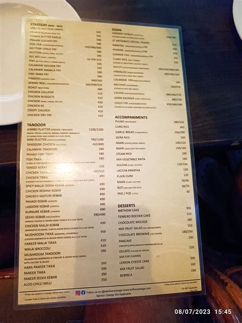 Menu at St. Anthony's, Calangute