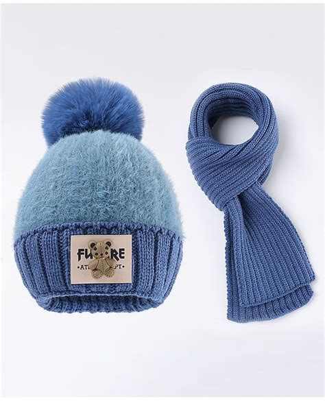 Babyhug Pom Pom Woollen Cap with Muffler & Bear Applique Blue ...