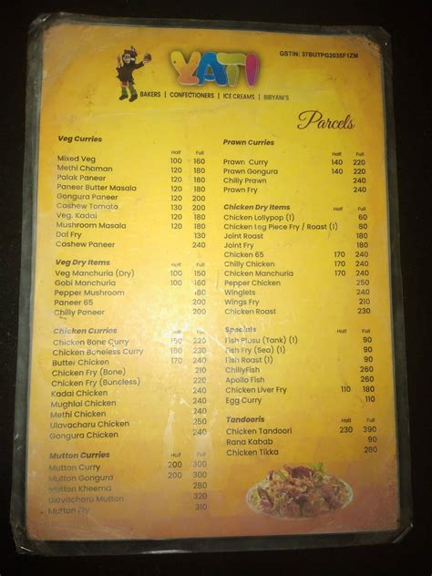 Menu at Yati foods, Kakinada, NH 214