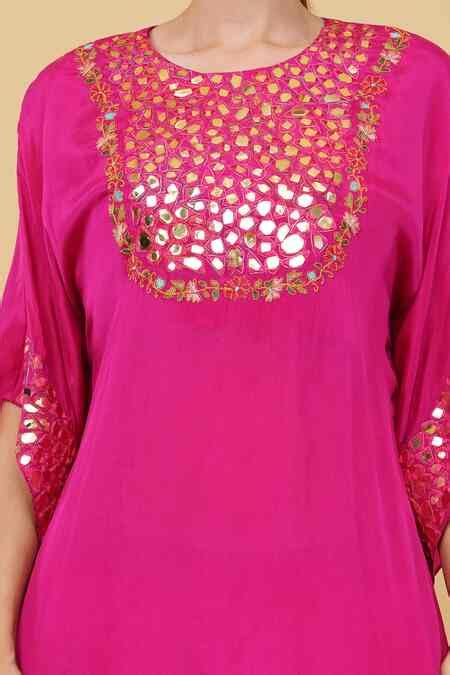 Buy Pink Silk Mirrors, Embroidery Round Neck Yoke Kaftan With Dhoti ...