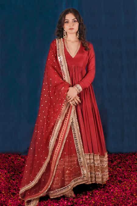 Buy Red Organza, Silk Mirrors, Sequins, Pleated Anarkali With ...