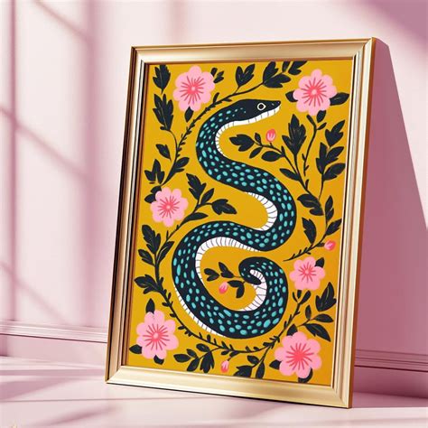 Mexican Snake Poster, Latin Folk Art Snake Wall Print, Colorful Floral ...