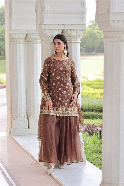 Brown Luxury Fendy Silk Sequins Embroidered Kurti with Shara