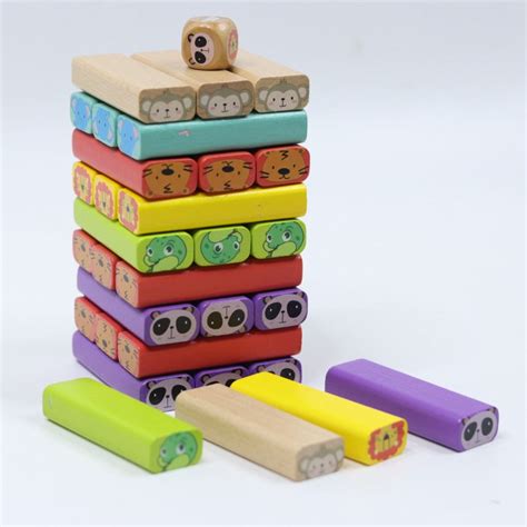 Classic Animal Blocks Zenga with Dice, Colorful Stacking Tower Game, W ...