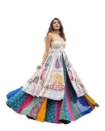 Usha Printed Stitched Lehenga Kurti/Floral Heavy Beautiful Mirror Work ...
