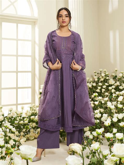 Floral Yoke Design Round Neck Sequinned Anarkali Kurta With Palazzos ...