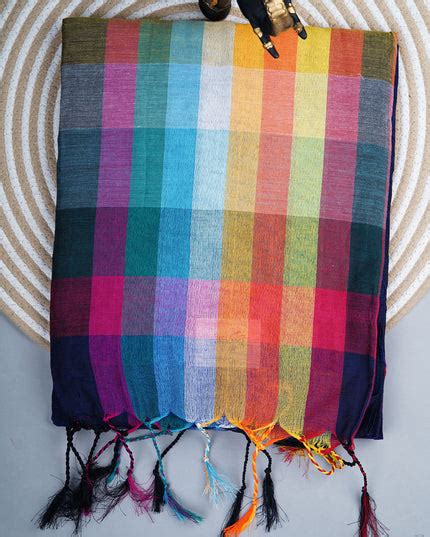 Mulcotton saree with multicolored check pattern - Navy – Sirimalle