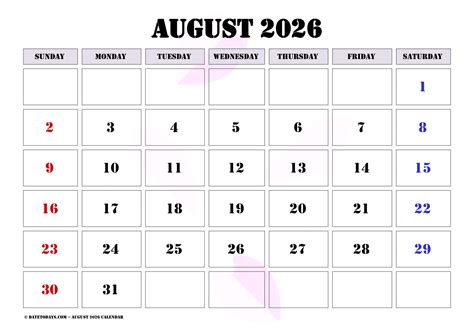 August 2026 Calendar with Holidays Printable PDF