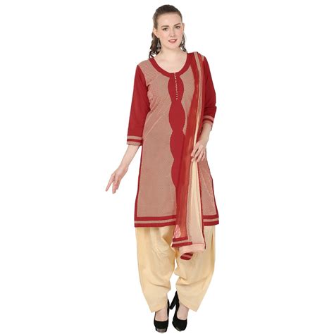 Buy Lamizor Red And Beige Printed Cotton Patiala Suit (Stitched) at ...