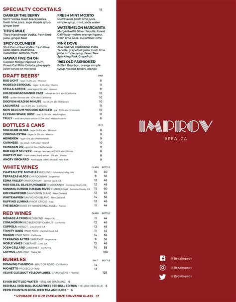 Brea Improv Food and Drink Menu