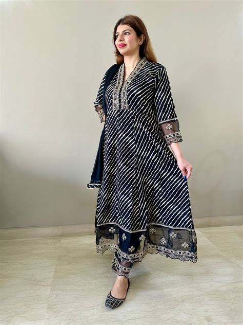 Black Cotton Silk Leheriya Printed Anarkali Suit Set – Garvya